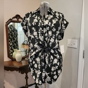 NWT XL Calligraphie Pleated Satin Front-Tie Tunic